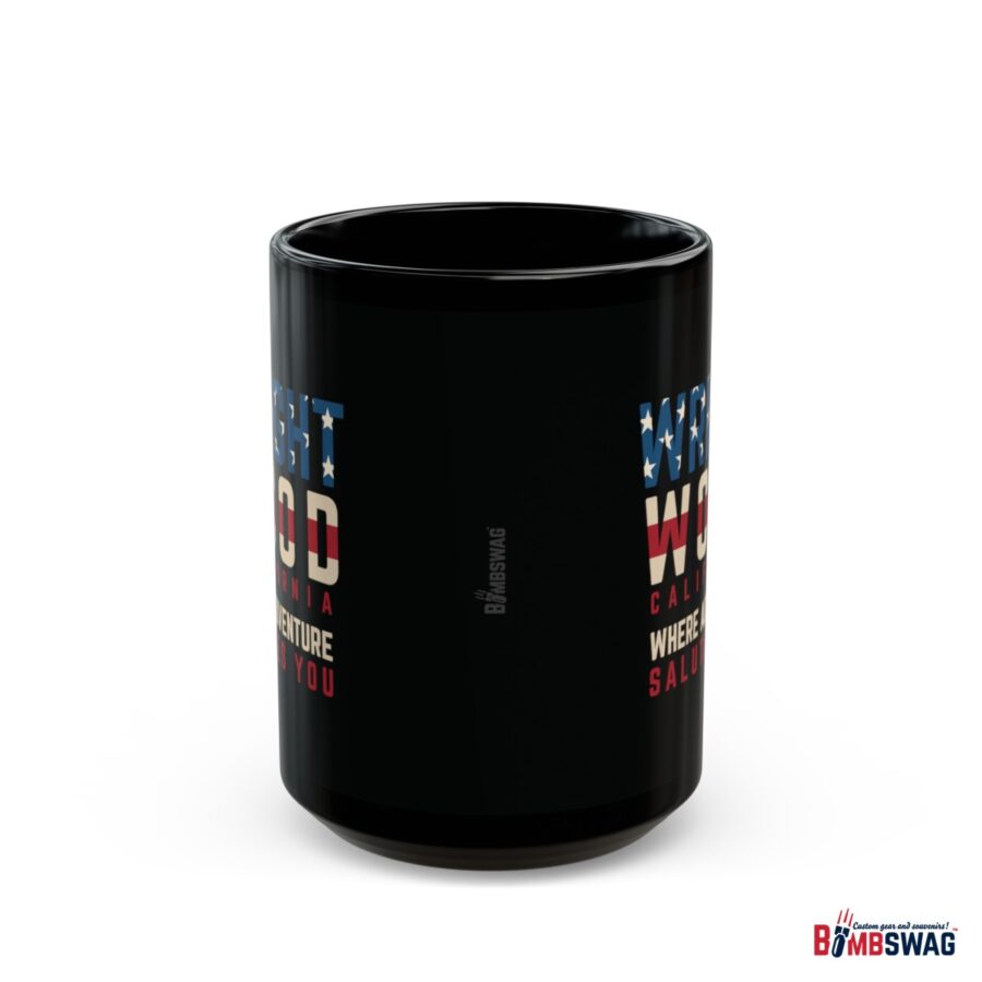 wrightwood, ca black patriotic coffee mug styled as the american flag where adventure salutes you