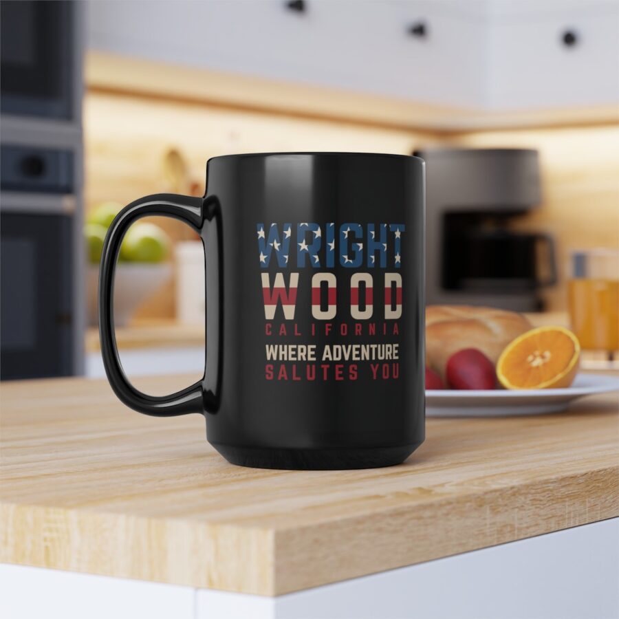 wrightwood, ca black patriotic coffee mug styled as the american flag where adventure salutes you