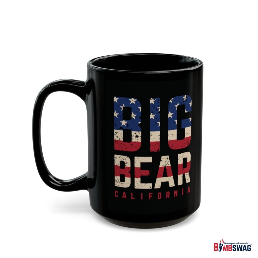 big bear black coffee mug styled with the american flag