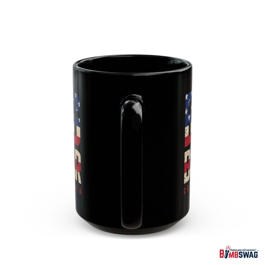 big bear black coffee mug styled with the american flag