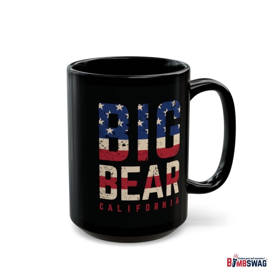 big bear black coffee mug styled with the american flag