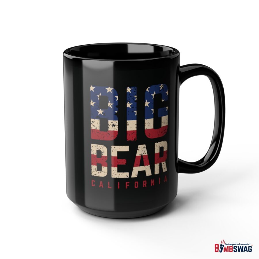 big bear black coffee mug styled with the american flag