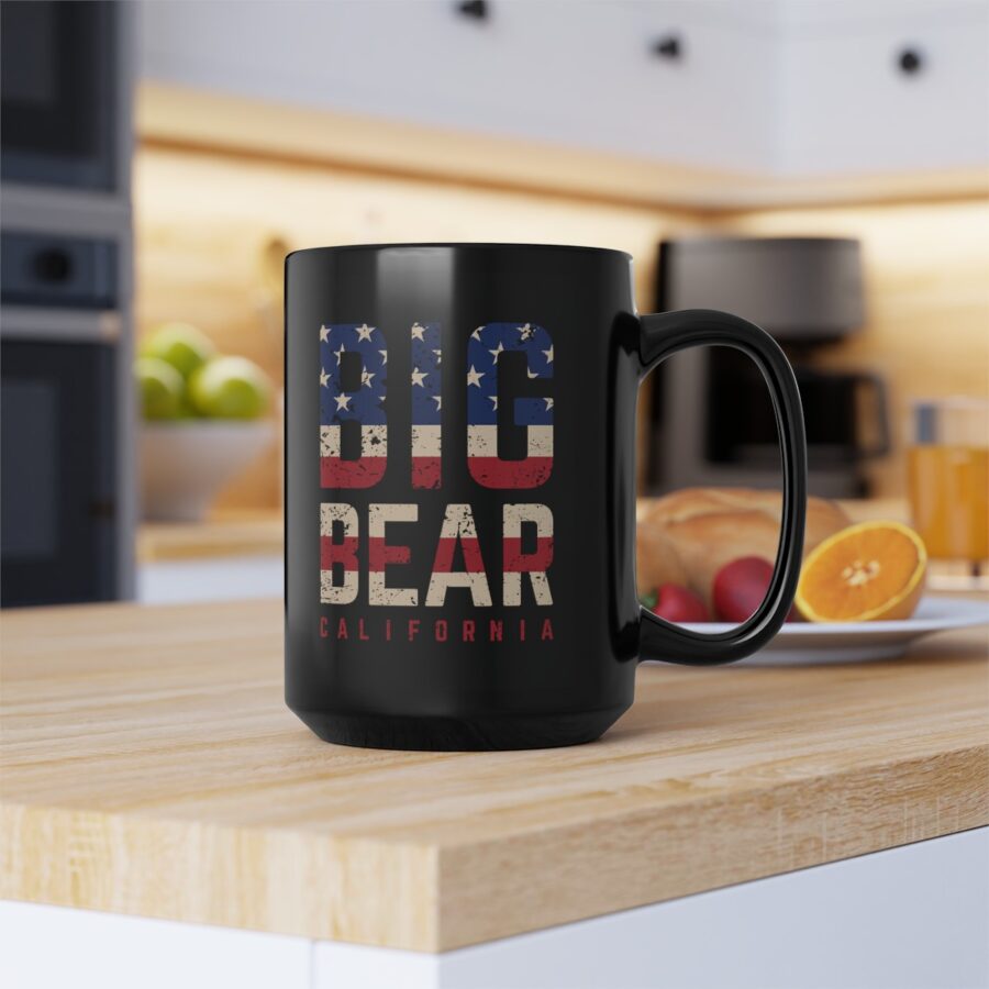 big bear black coffee mug styled with the american flag