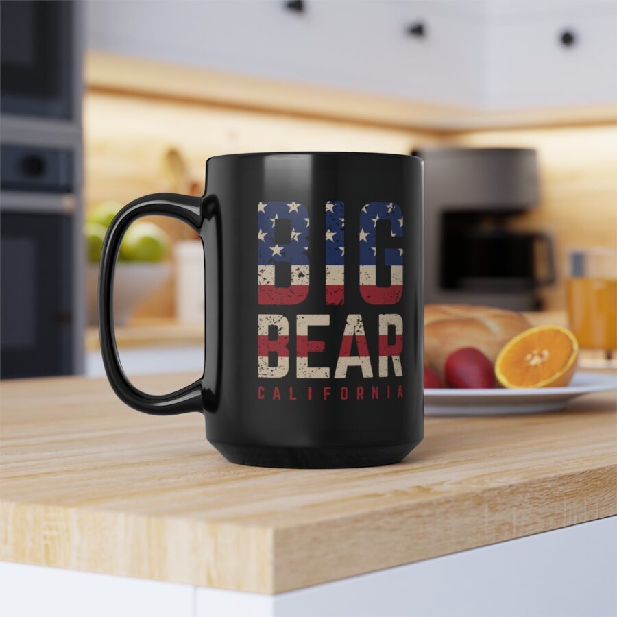 big bear black coffee mug styled with the american flag