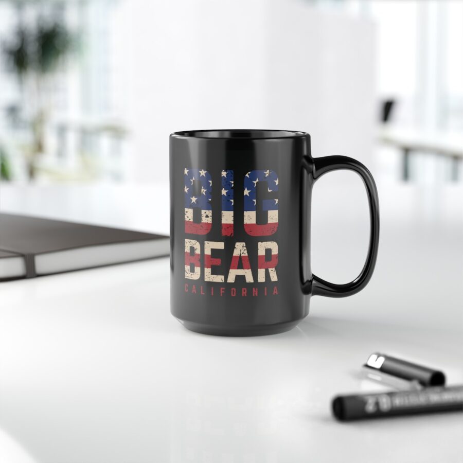 big bear black coffee mug styled with the american flag