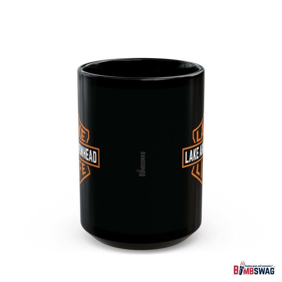 lake arrowhead black coffee mug with our signature lake life shield