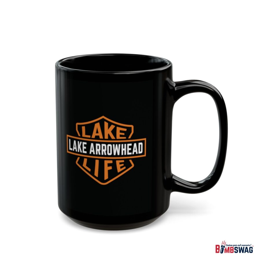 lake arrowhead black coffee mug with our signature lake life shield