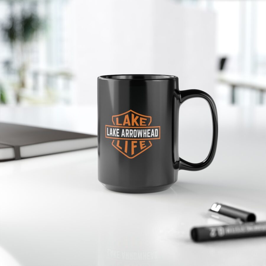 lake arrowhead black coffee mug with our signature lake life shield