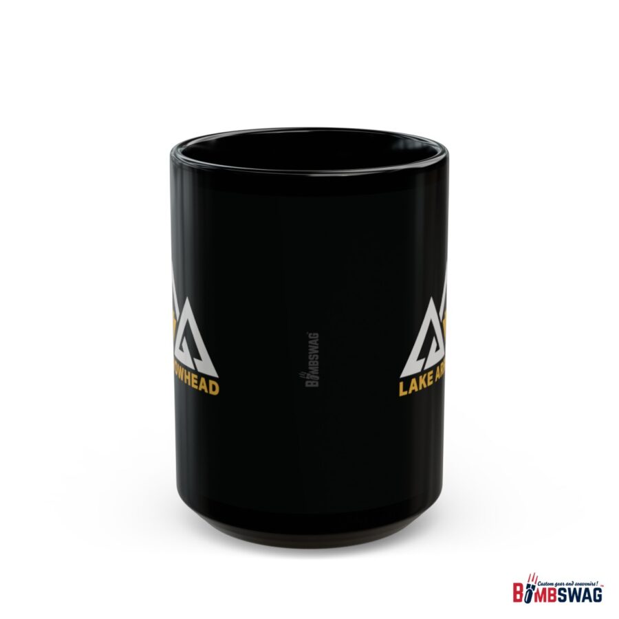 lake arrowhead 11oz black coffee mug with our black gold three peak arrowhead design