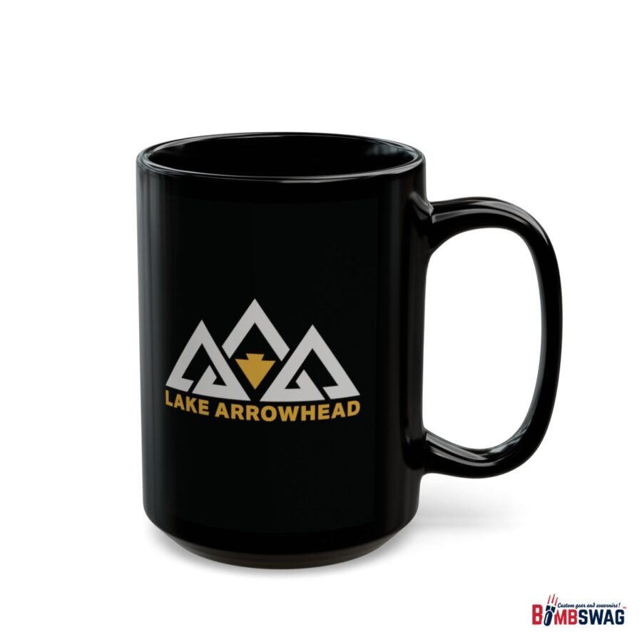 lake arrowhead 11oz black coffee mug with our black gold three peak arrowhead design