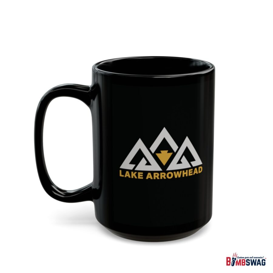 lake arrowhead 11oz black coffee mug with our black gold three peak arrowhead design