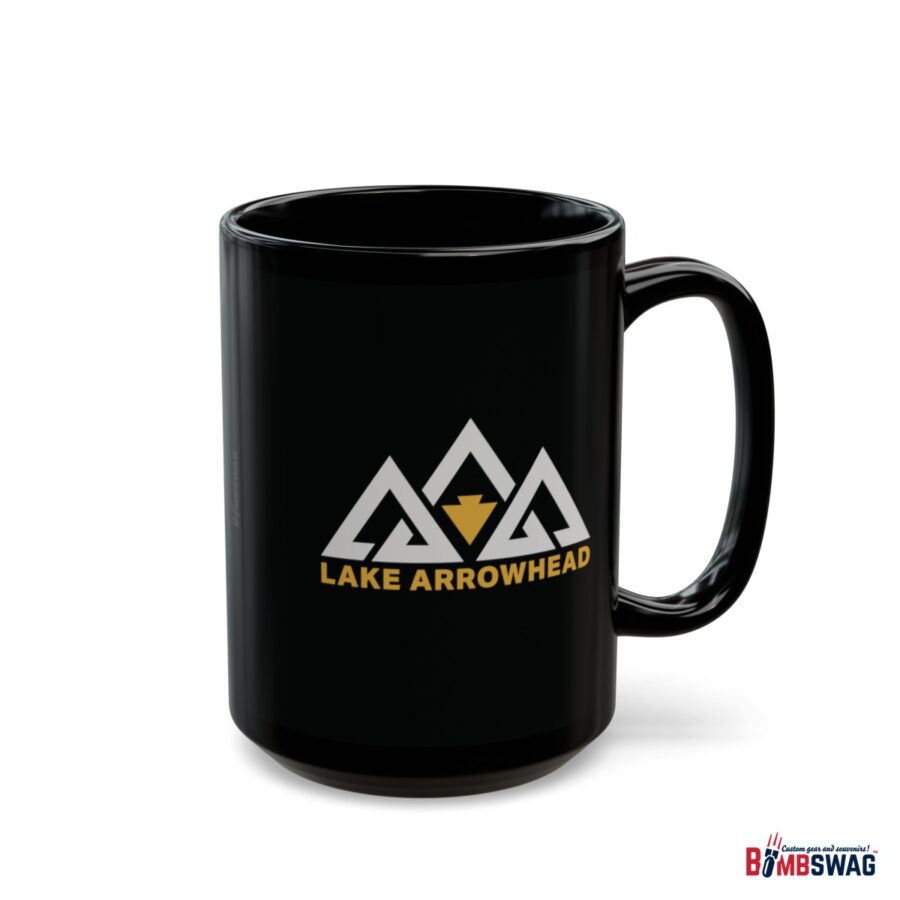 lake arrowhead 11oz black coffee mug with our black gold three peak arrowhead design