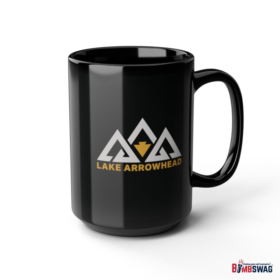 lake arrowhead 11oz black coffee mug with our black gold three peak arrowhead design