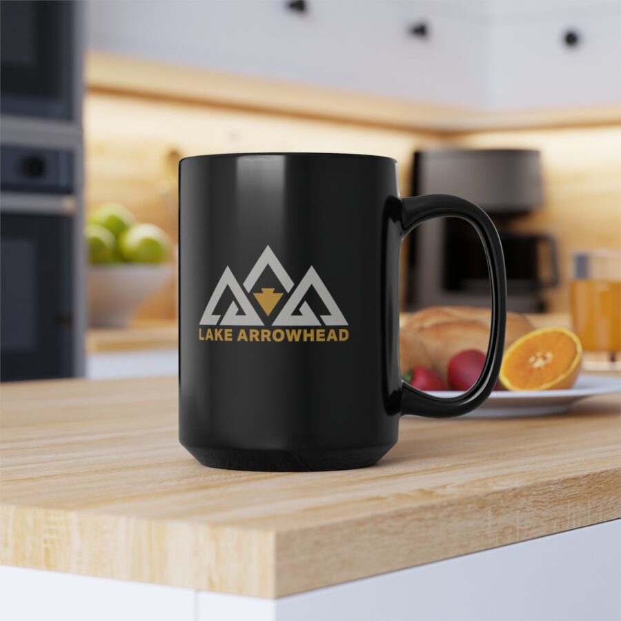 lake arrowhead 11oz black coffee mug with our black gold three peak arrowhead design