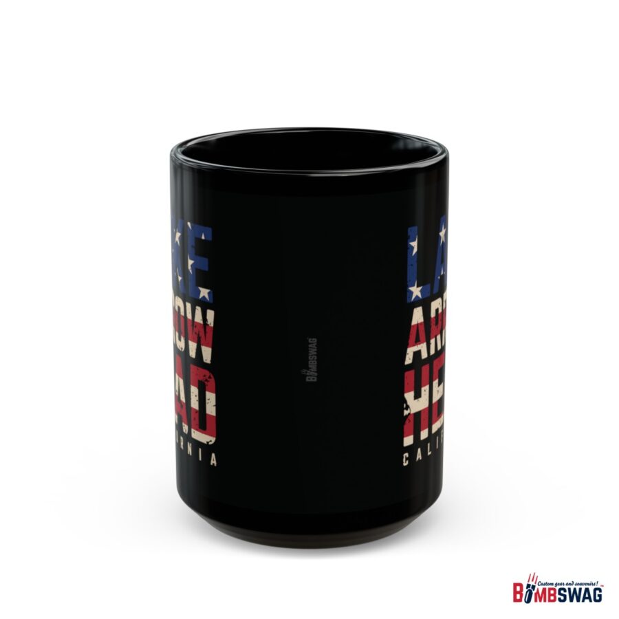 lake arrowhead black coffee mug styled with the american flag