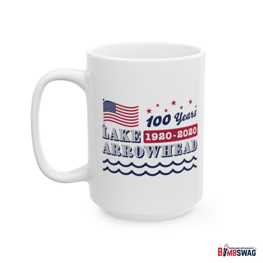 lake arrowhead mug with our exclusive american flag, stars, and waves centennial design