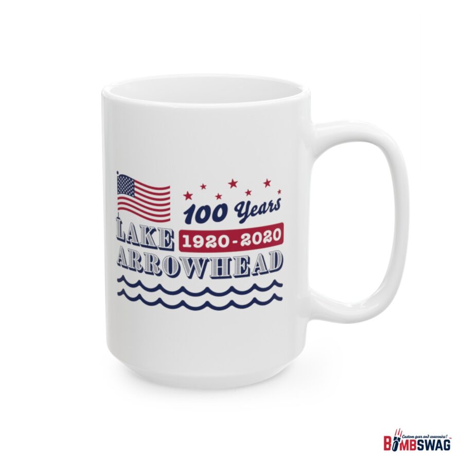 lake arrowhead mug with our exclusive american flag, stars, and waves centennial design