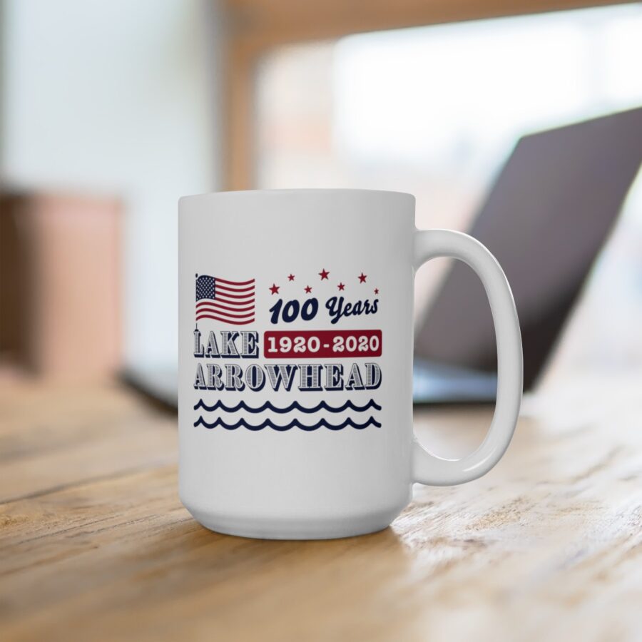 lake arrowhead mug with our exclusive american flag, stars, and waves centennial design