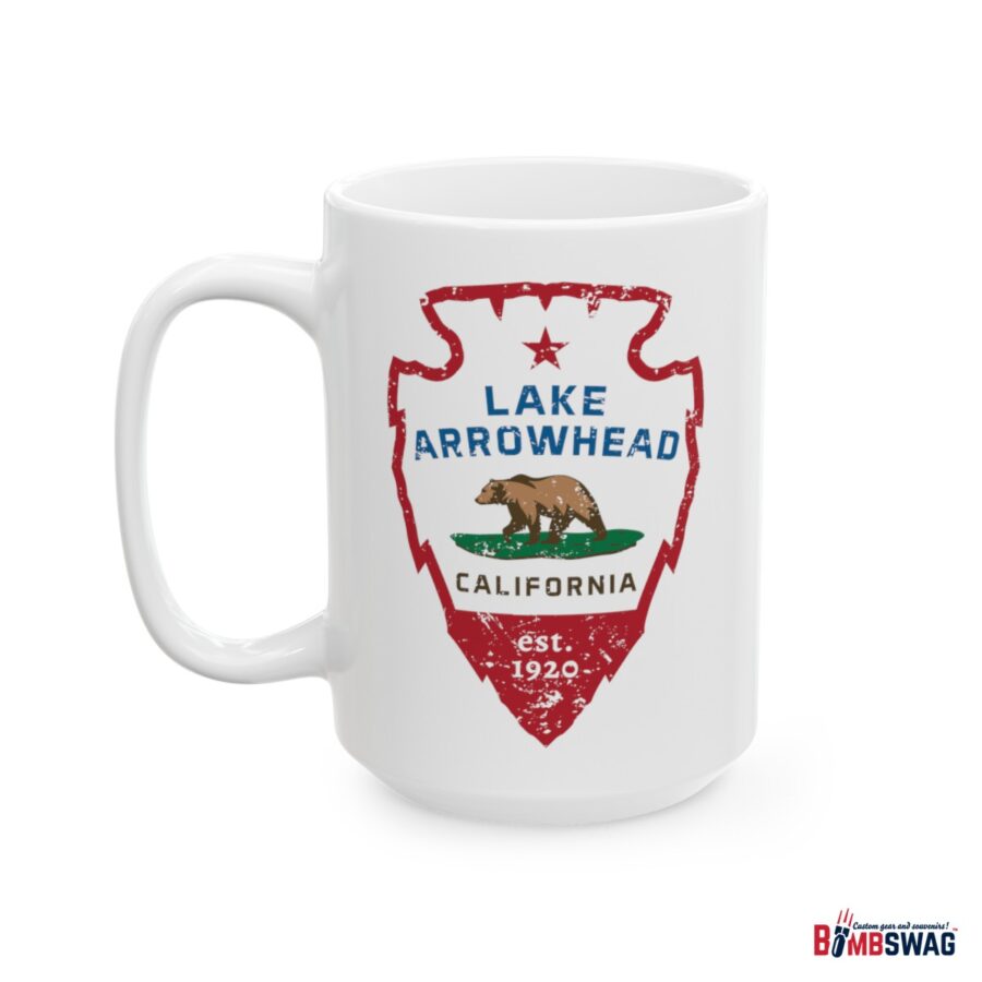 lake arrowhead coffee mug with our signature arrowhead in the style of the california state flag