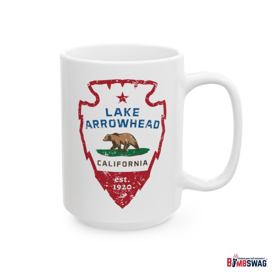 lake arrowhead coffee mug with our signature arrowhead in the style of the california state flag