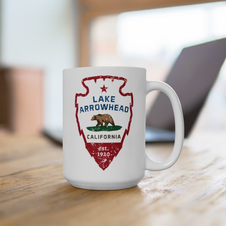 lake arrowhead coffee mug with our signature arrowhead in the style of the california state flag