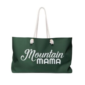 mountain mama weekender beach bag white on green