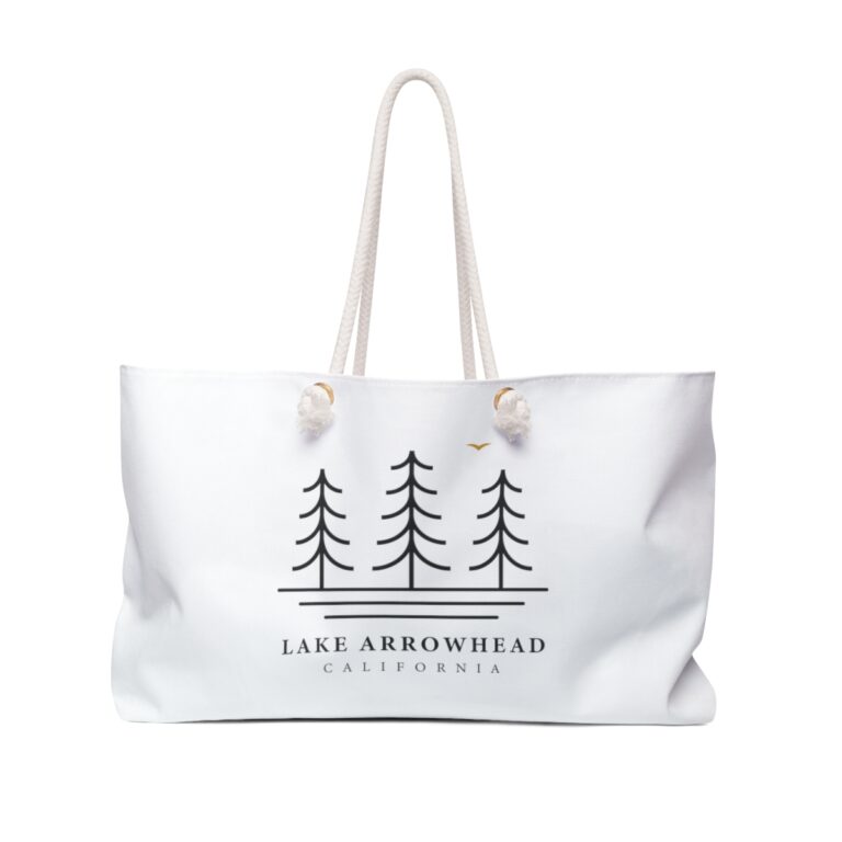 lake arrowhead weekender tote bag with our three tree and water line art