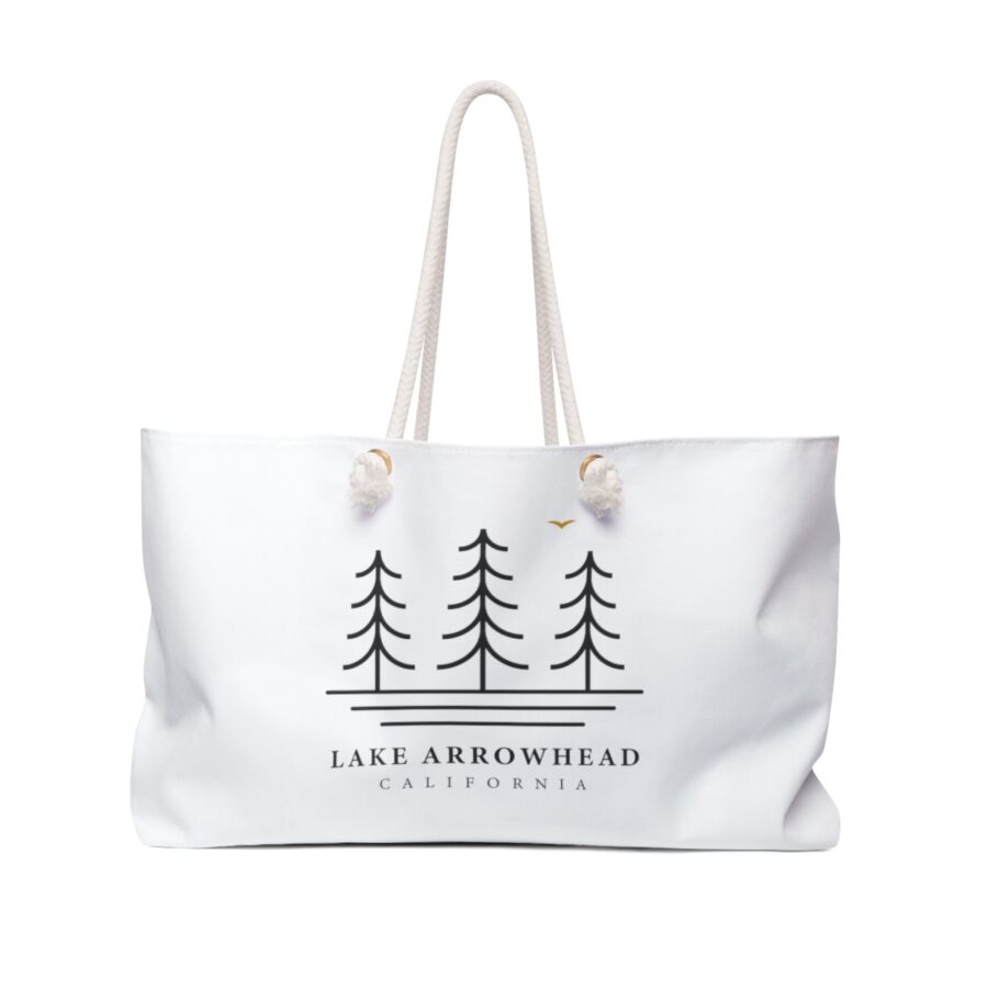 lake arrowhead weekender tote bag with our three tree and water line art