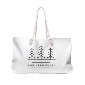 lake arrowhead weekender tote bag with our three tree and water line art