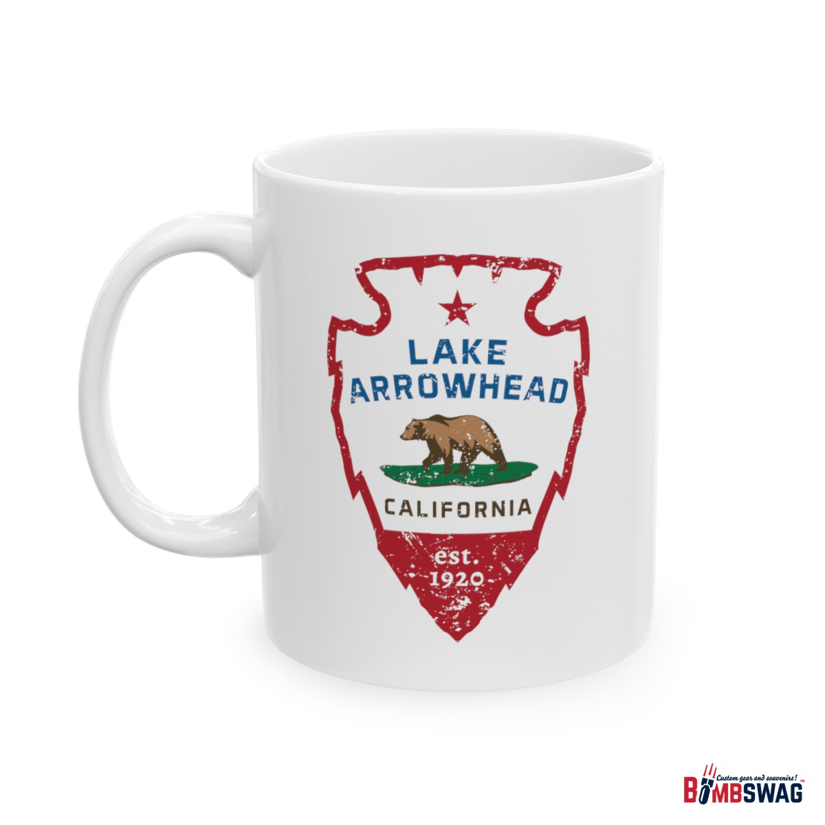 lake arrowhead coffee mug with our signature arrowhead in the style of the california state flag