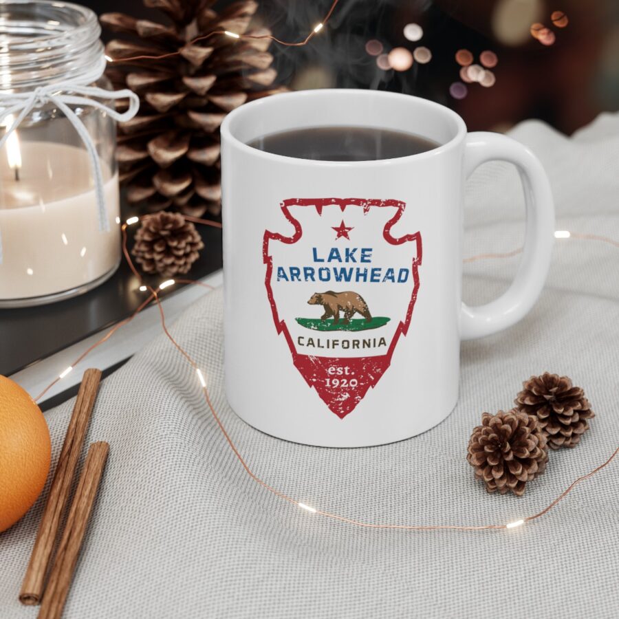 lake arrowhead coffee mug with our signature arrowhead in the style of the california state flag