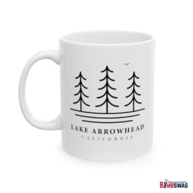 lake arrowhead coffee mug with our three tree and water line art