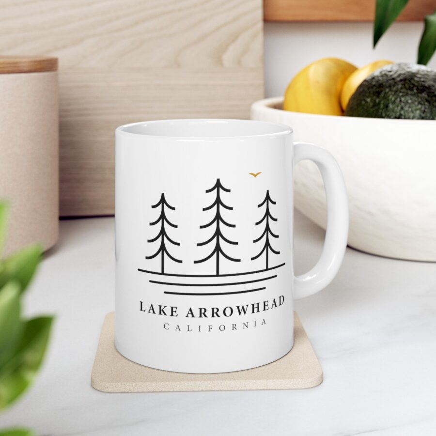 lake arrowhead coffee mug with our three tree and water line art