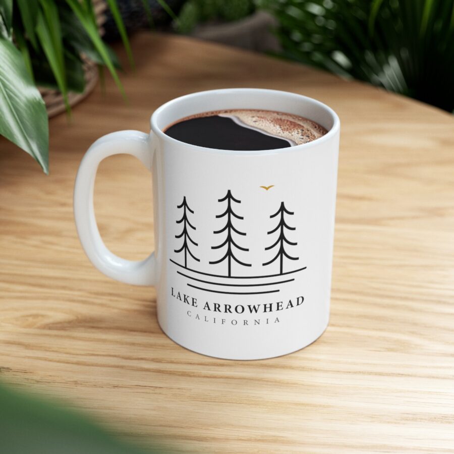 lake arrowhead coffee mug with our three tree and water line art