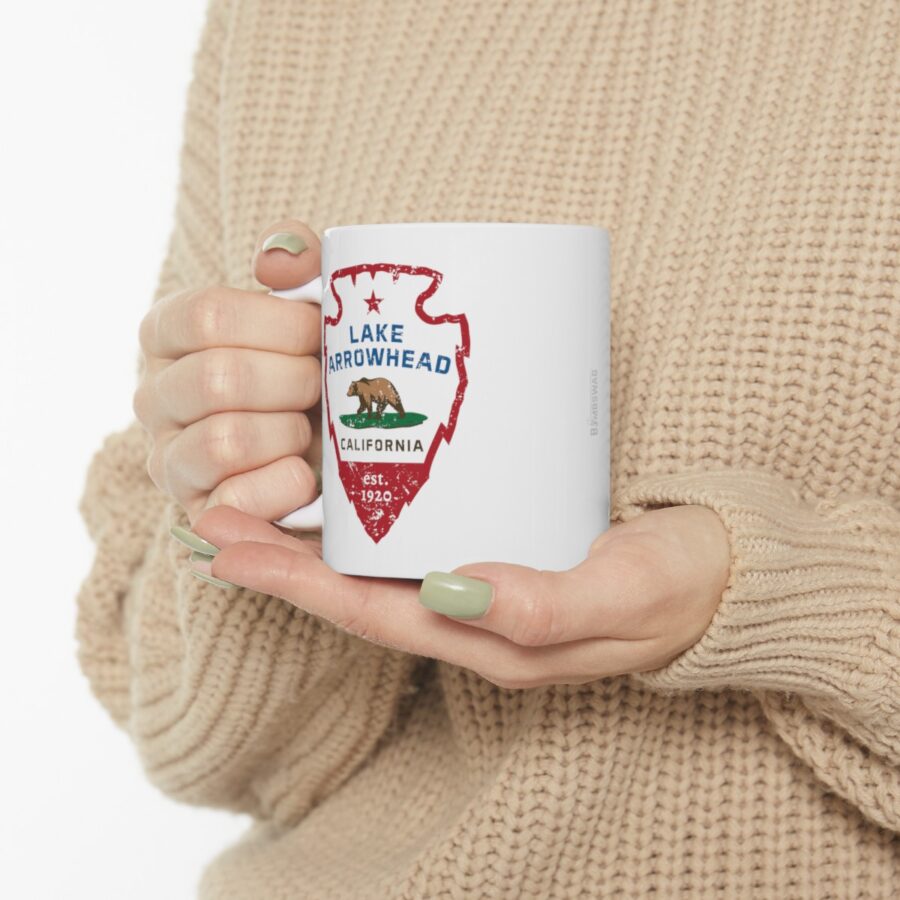 lake arrowhead coffee mug with our signature arrowhead in the style of the california state flag