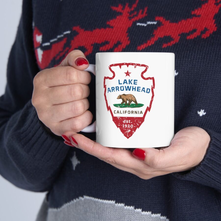 lake arrowhead coffee mug with our signature arrowhead in the style of the california state flag