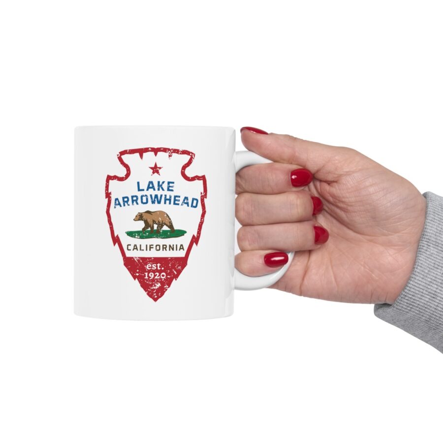 lake arrowhead coffee mug with our signature arrowhead in the style of the california state flag