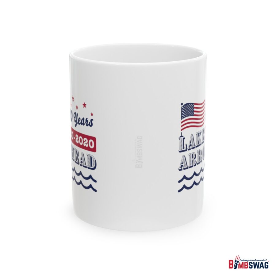 lake arrowhead mug with our exclusive american flag, stars, and waves centennial design