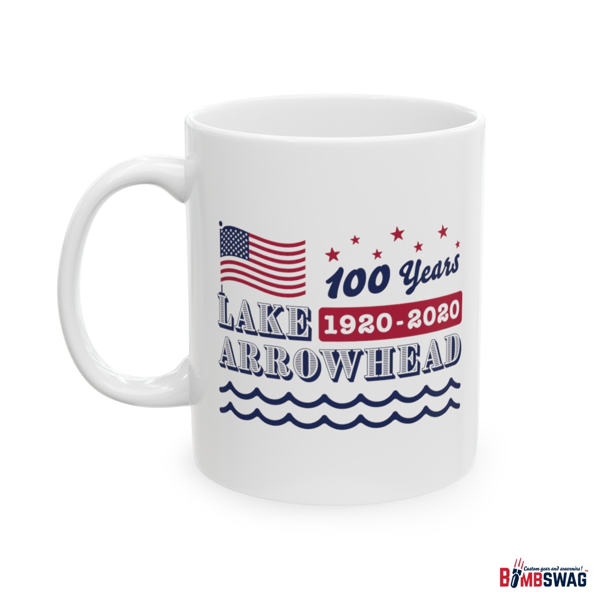 lake arrowhead mug with our exclusive american flag, stars, and waves centennial design