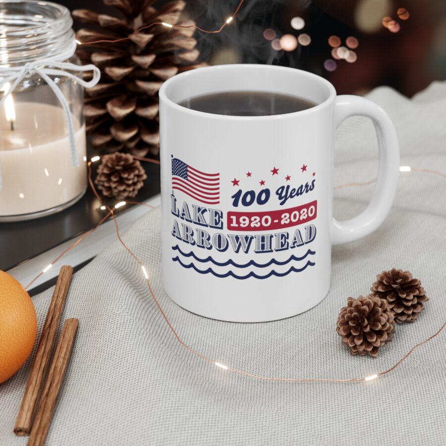 lake arrowhead mug with our exclusive american flag, stars, and waves centennial design