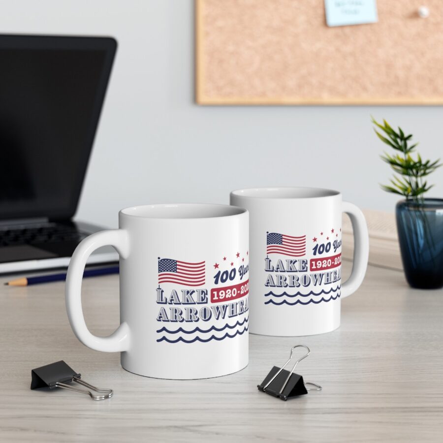 lake arrowhead mug with our exclusive american flag, stars, and waves centennial design