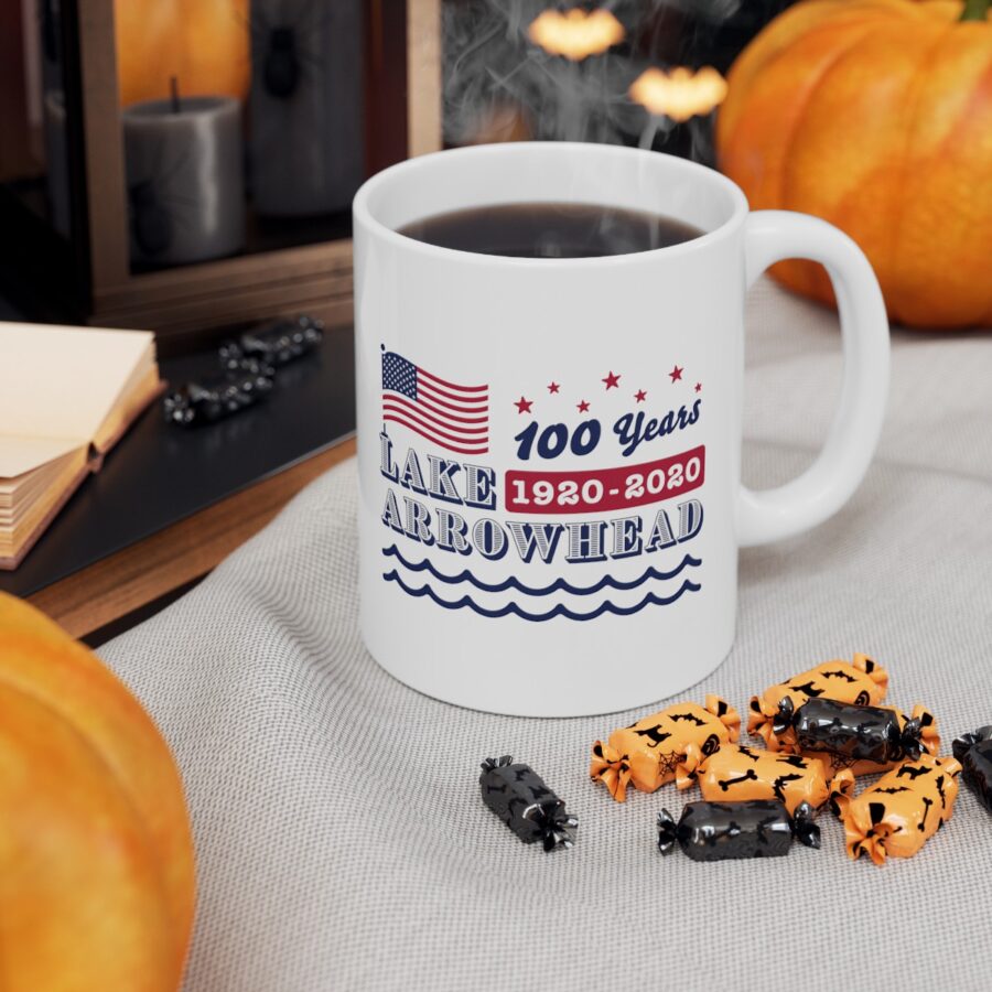 lake arrowhead mug with our exclusive american flag, stars, and waves centennial design