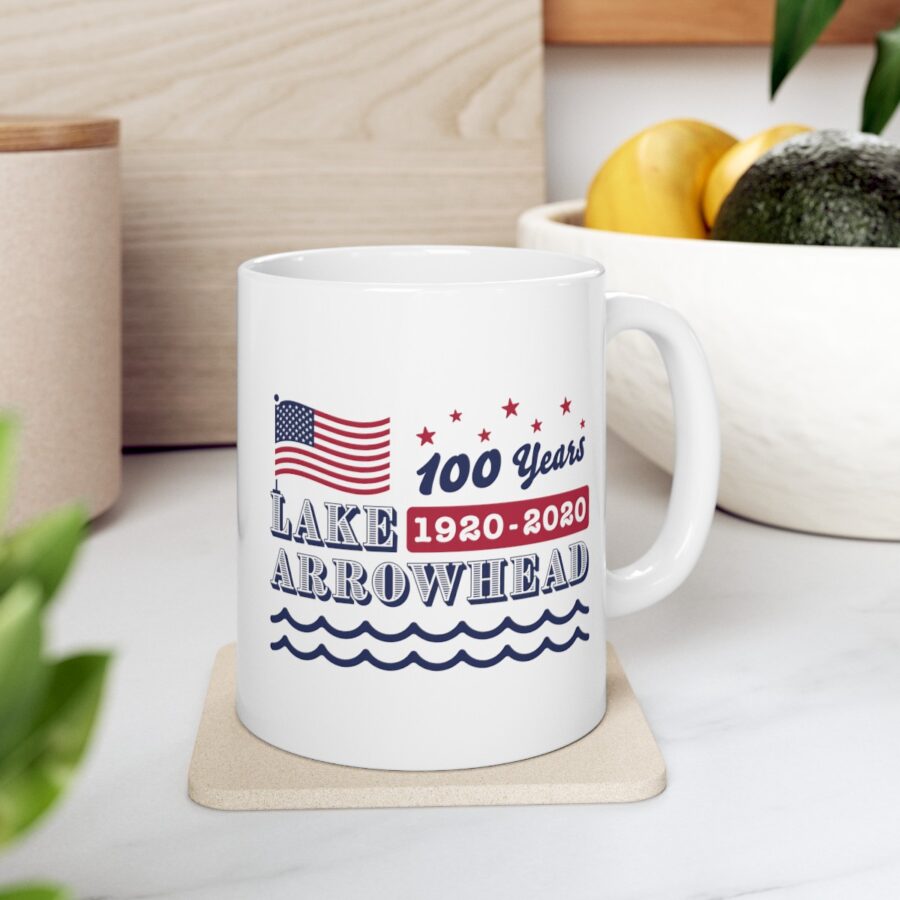 lake arrowhead mug with our exclusive american flag, stars, and waves centennial design