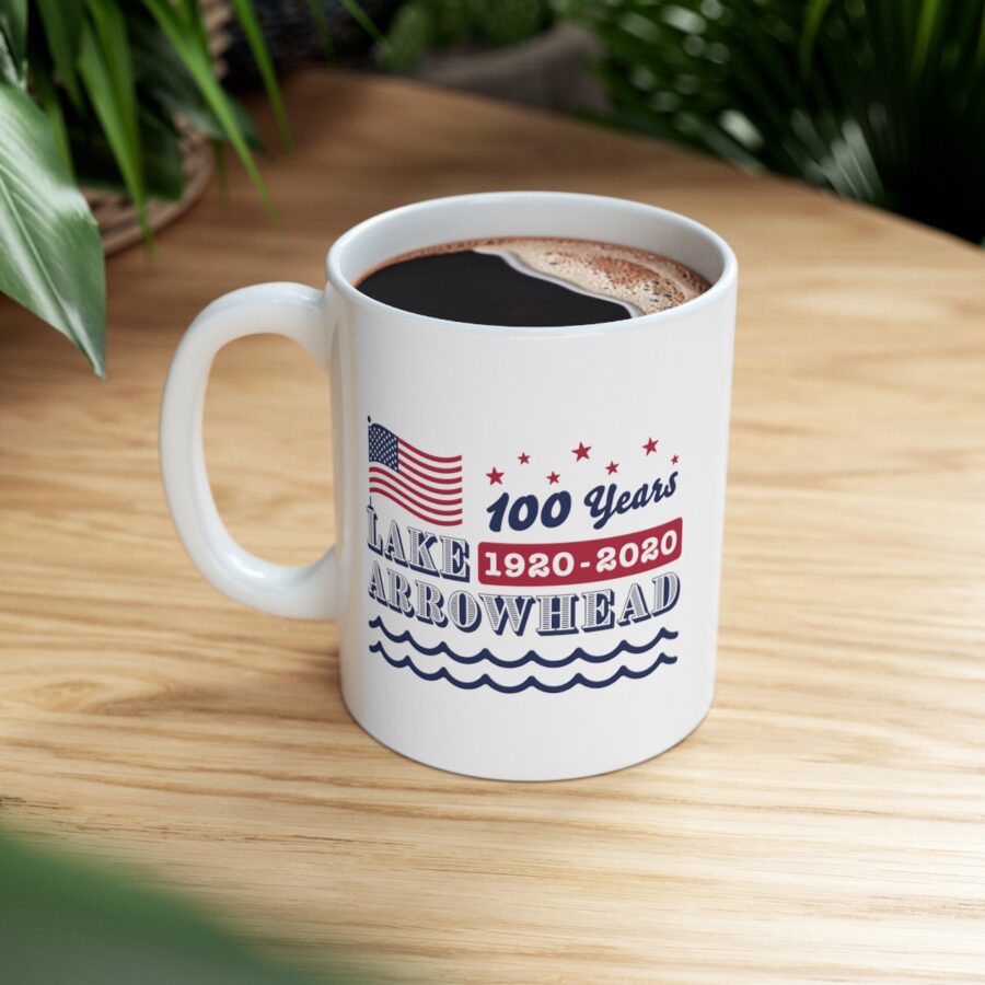 lake arrowhead mug with our exclusive american flag, stars, and waves centennial design