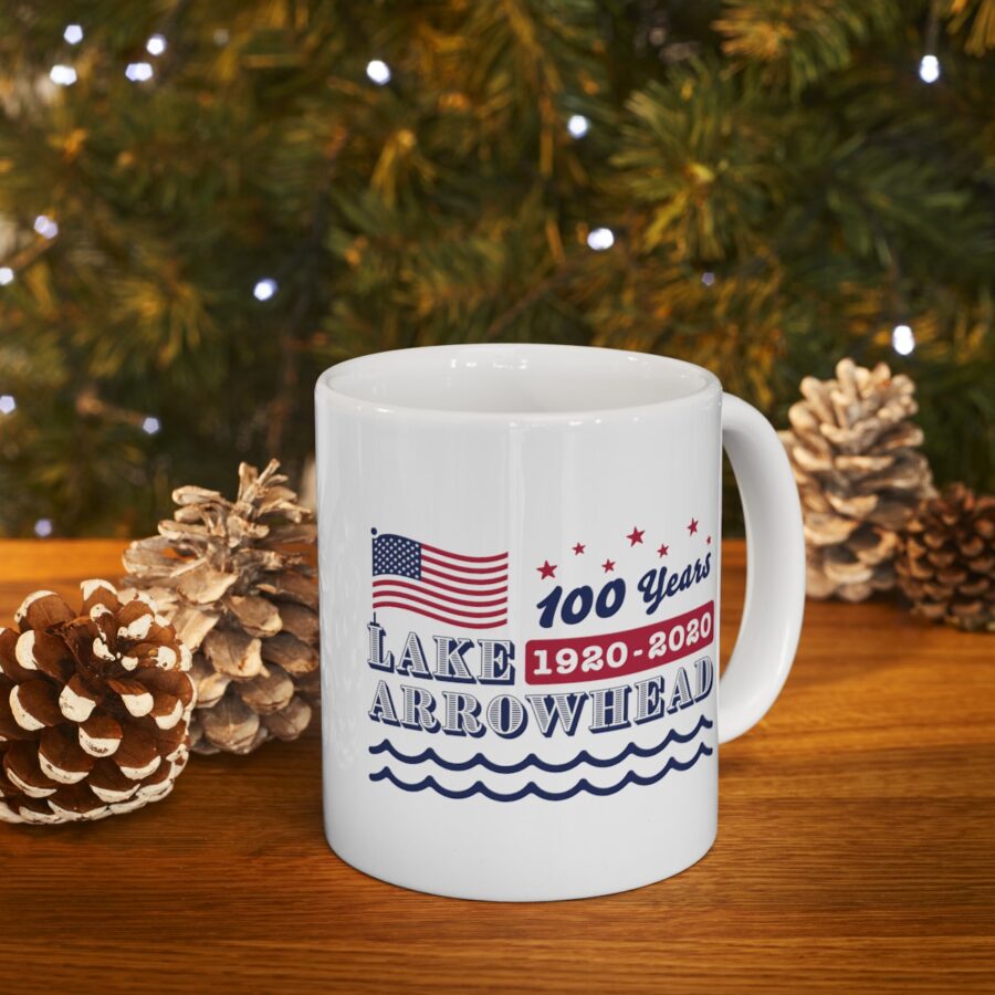 lake arrowhead mug with our exclusive american flag, stars, and waves centennial design