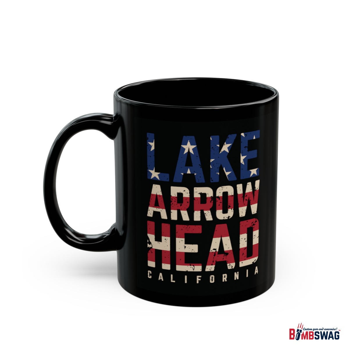 lake arrowhead black coffee mug styled with the american flag