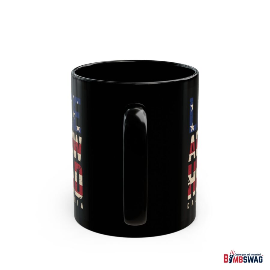 lake arrowhead black coffee mug styled with the american flag