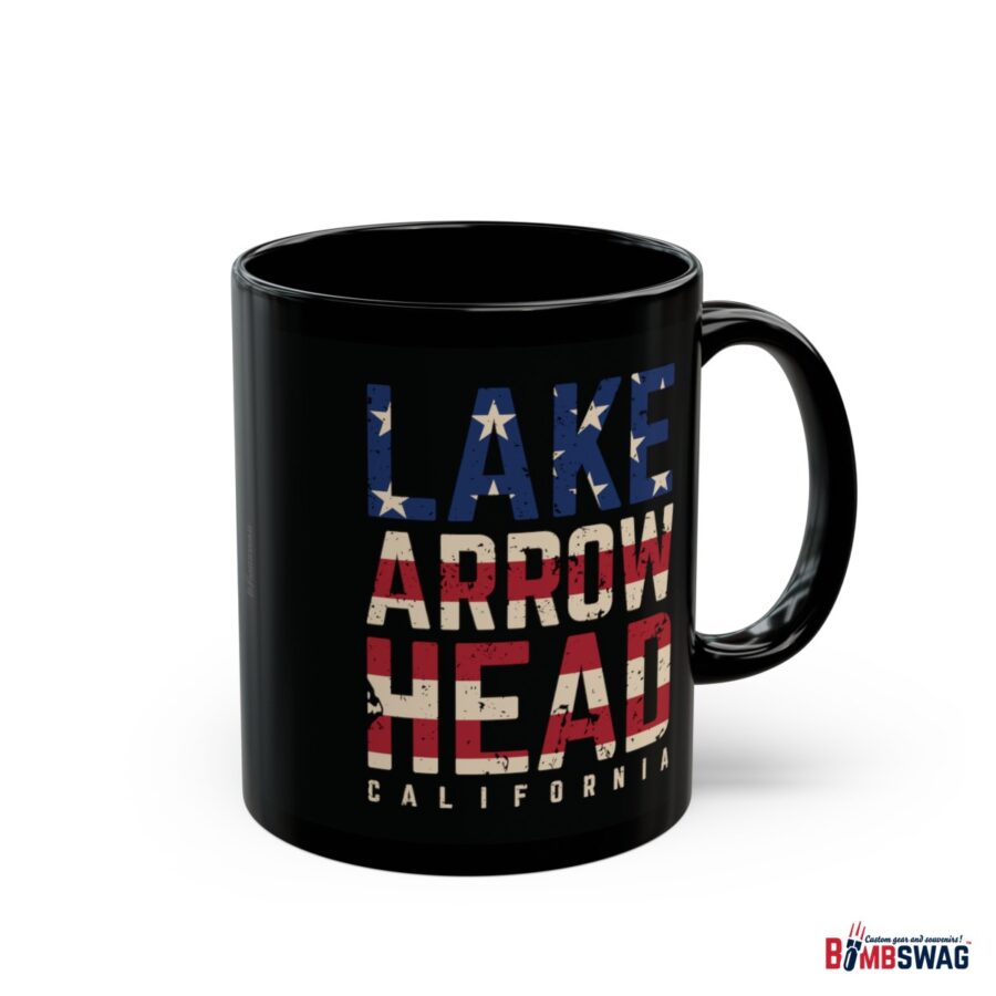 lake arrowhead black coffee mug styled with the american flag