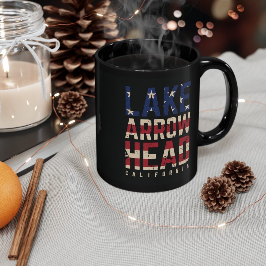 lake arrowhead black coffee mug styled with the american flag