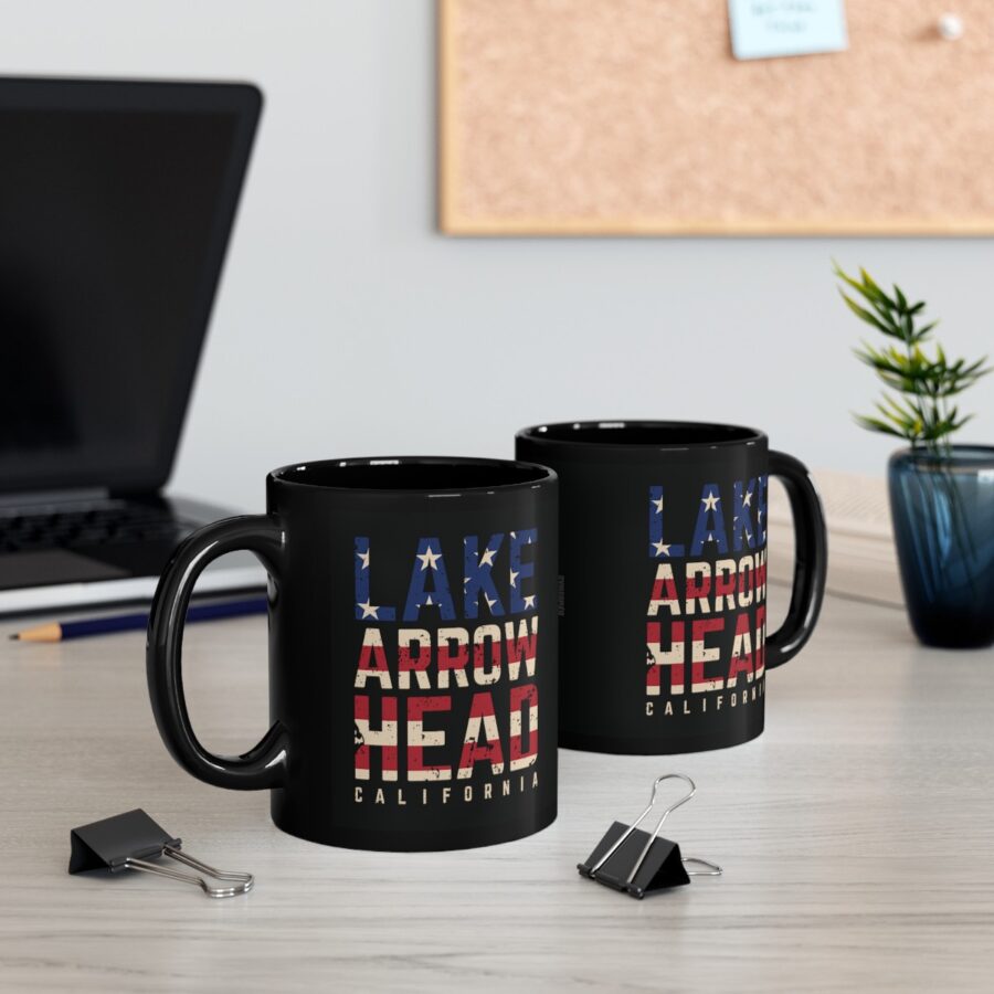 lake arrowhead black coffee mug styled with the american flag